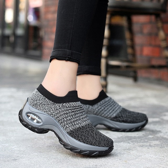 Spring Women's Sneakers-Flat Slip on Platform Sneakers Black Breathable Mesh Sock Sneakers - Acapparelstore