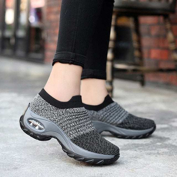 Spring Women's Sneakers-Flat Slip on Platform Sneakers Black Breathable Mesh Sock Sneakers