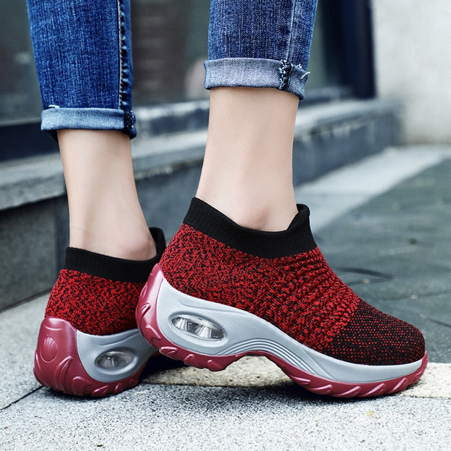Spring Women's Sneakers-Flat Slip on Platform Sneakers Black Breathable Mesh Sock Sneakers - Acapparelstore