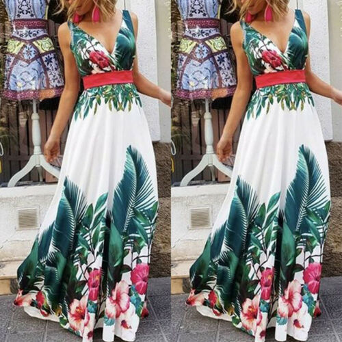 Women's Summer Holiday Floral Beach Boho Maxi V Neck Dress