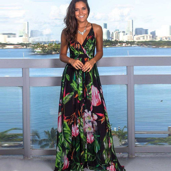 Elegant Long Sexy Beach Dress Women New High Waist Sleeveless V Neck Dress