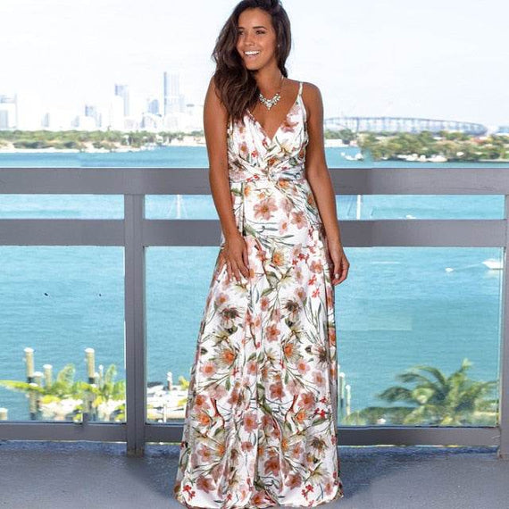 Elegant Long Sexy Beach Dress Women New High Waist Sleeveless V Neck Dress