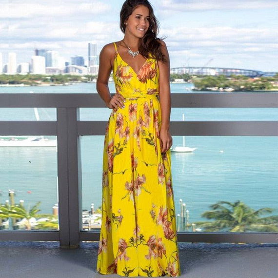 Elegant Long Sexy Beach Dress Women New High Waist Sleeveless V Neck Dress