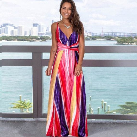 Elegant Long Sexy Beach Dress Women New High Waist Sleeveless V Neck Dress