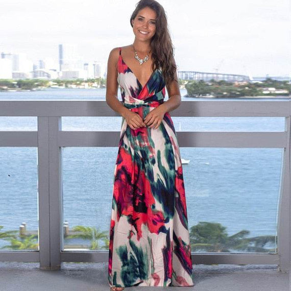Elegant Long Sexy Beach Dress Women New High Waist Sleeveless V Neck Dress