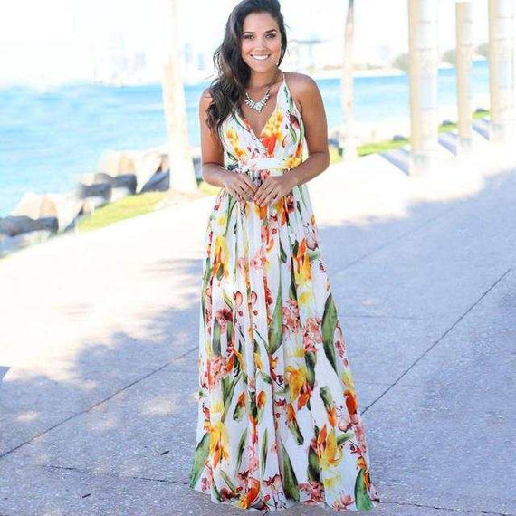 Elegant Long Sexy Beach Dress Women New High Waist Sleeveless V Neck Dress