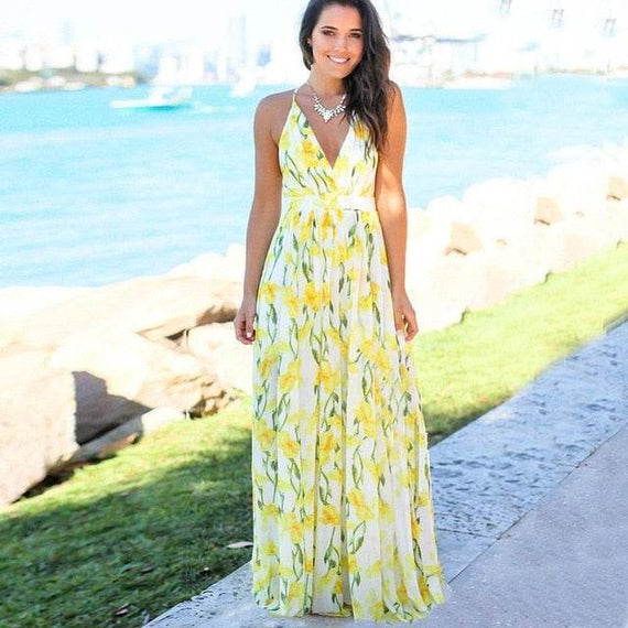 Elegant Long Sexy Beach Dress Women New High Waist Sleeveless V Neck Dress