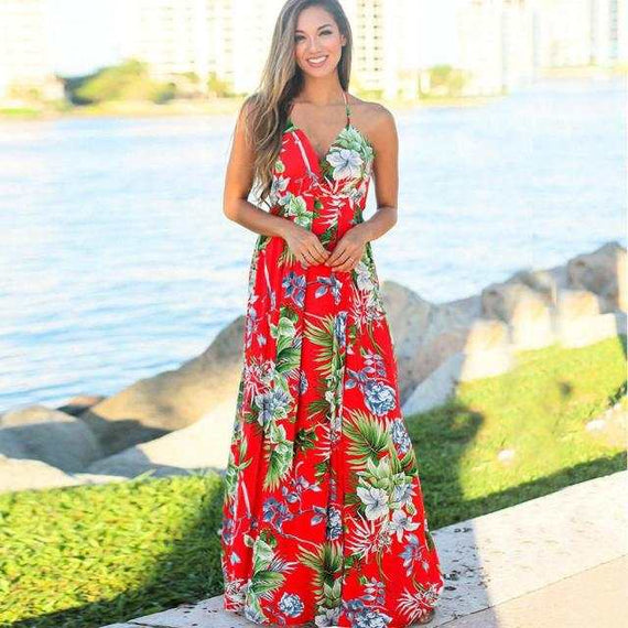 Elegant Long Sexy Beach Dress Women New High Waist Sleeveless V Neck Dress