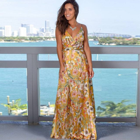 Elegant Long Sexy Beach Dress Women New High Waist Sleeveless V Neck Dress
