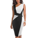 Vintage Women Patchwork Asymmetrical Collar Dress Elegant Sheath Slim Dress