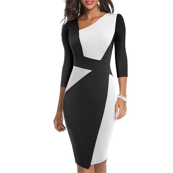 Vintage Women Patchwork Asymmetrical Collar Dress Elegant Sheath Slim Dress