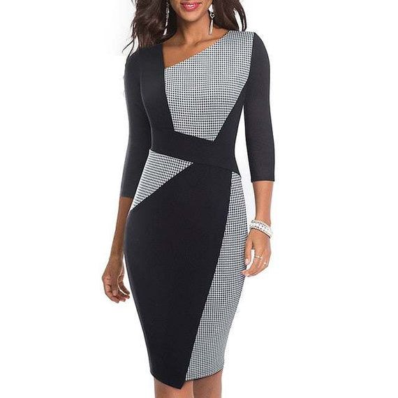 Vintage Women Patchwork Asymmetrical Collar Dress Elegant Sheath Slim Dress