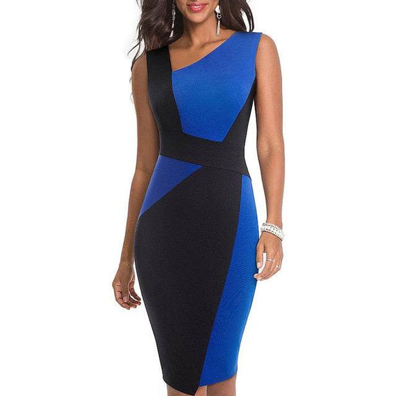 Vintage Women Patchwork Asymmetrical Collar Dress Elegant Sheath Slim Dress