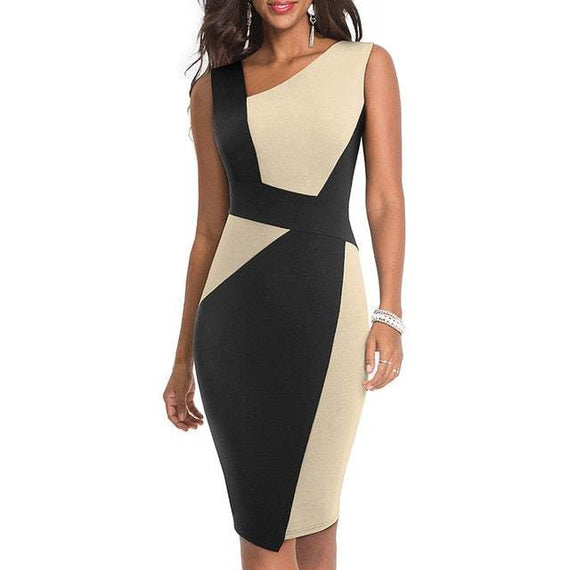 Vintage Women Patchwork Asymmetrical Collar Dress Elegant Sheath Slim Dress