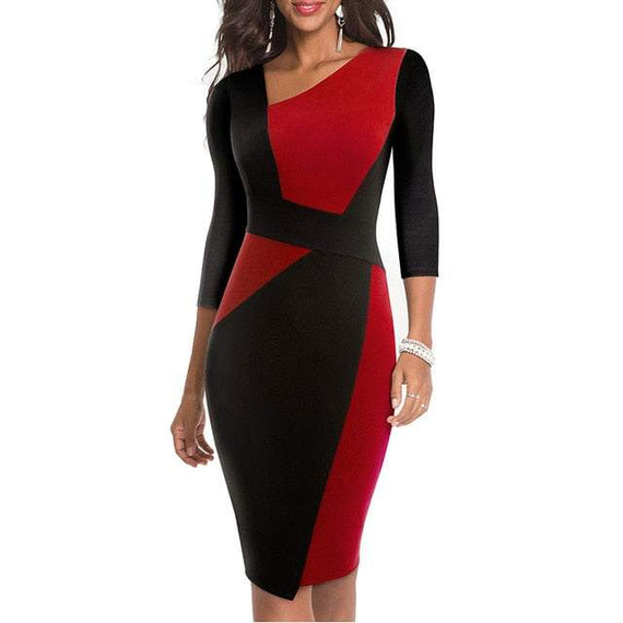 Vintage Women Patchwork Asymmetrical Collar Dress Elegant Sheath Slim Dress