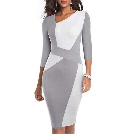 Vintage Women Patchwork Asymmetrical Collar Dress Elegant Sheath Slim Dress