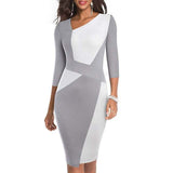 Vintage Women Patchwork Asymmetrical Collar Dress Elegant Sheath Slim Dress