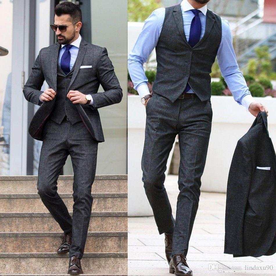 Men's Tweed Dark Gray 3 Piece Suits Formal Slim Tuxedos Vintage Tailored Fit - Acapparelstore