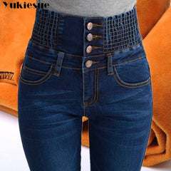 Women's Winter Jeans High Waist Skinny Pants Fleece Lined Elastic Waist Plus Size - Acapparelstore