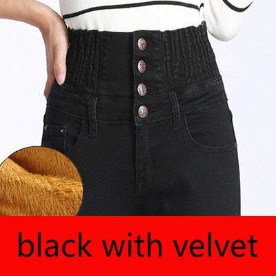 Women's Winter Jeans High Waist Skinny Pants Fleece Lined Elastic Waist Plus Size