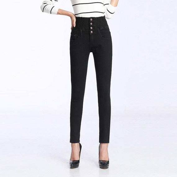 Women's Winter Jeans High Waist Skinny Pants Fleece Lined Elastic Waist Plus Size