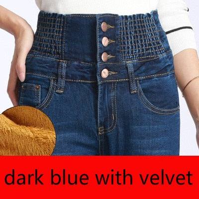 Women's Winter Jeans High Waist Skinny Pants Fleece Lined Elastic Waist Plus Size