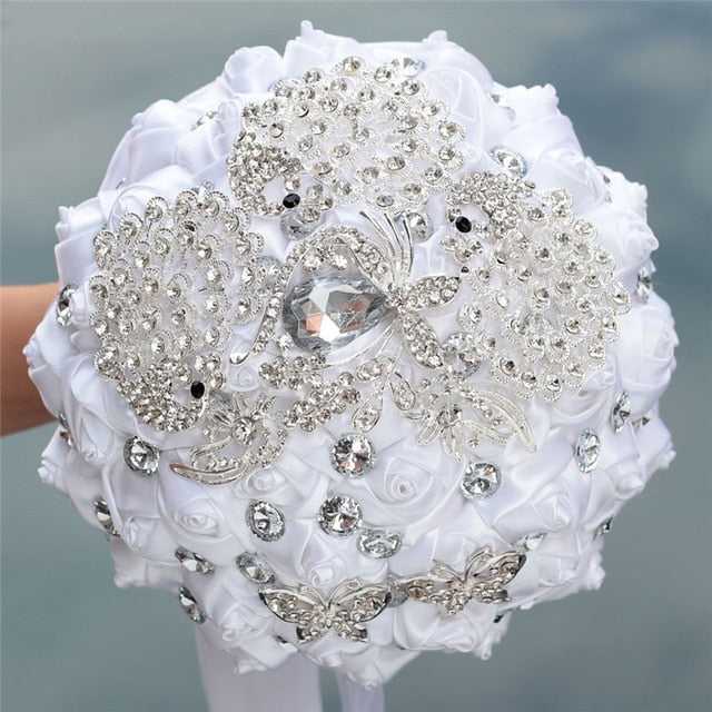 White Wedding Bride Holding Flowers Artificial Bouquet Ribbon Rhinestone Pearl - Acapparelstore