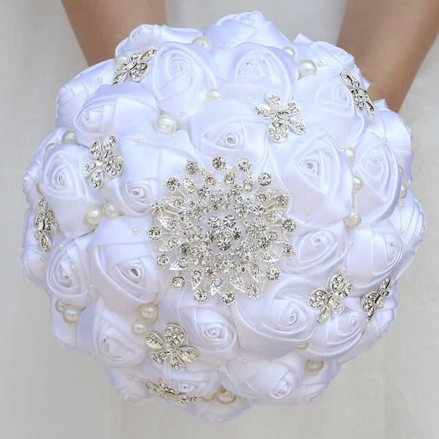 White Wedding Bride Holding Flowers Artificial Bouquet Ribbon Rhinestone Pearl - Acapparelstore