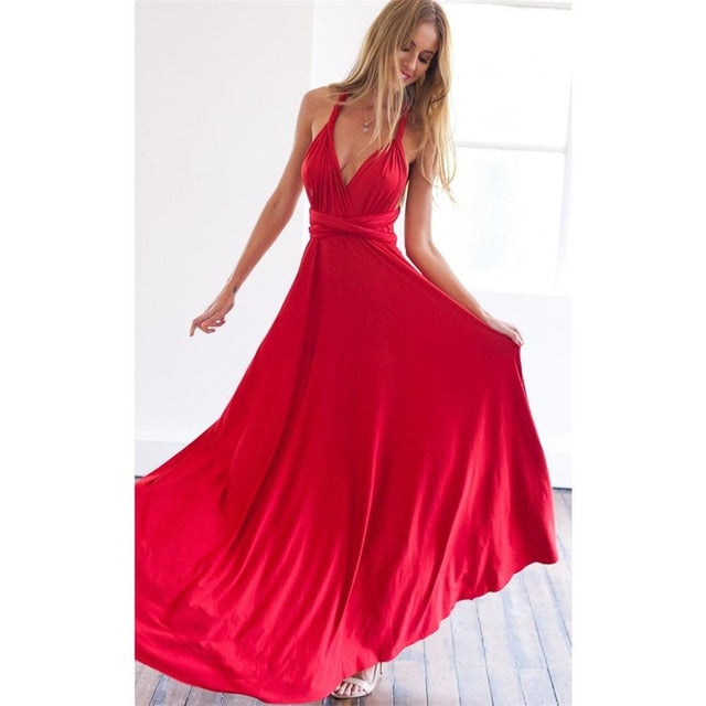 Women's Multiway Wrap Convertible Dress Boho Maxi Club Red Dress