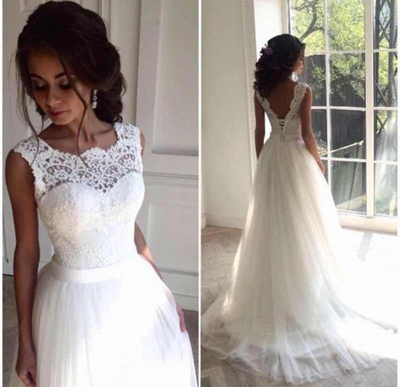 A Line Lace Beach Wedding Dress Scoop Neck White Bridal Gown