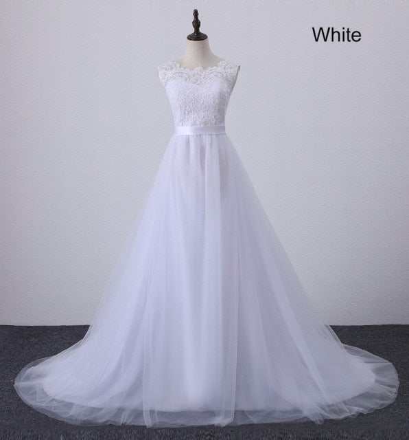 A Line Lace Beach Wedding Dress Scoop Neck White Bridal Gown - Acapparelstore