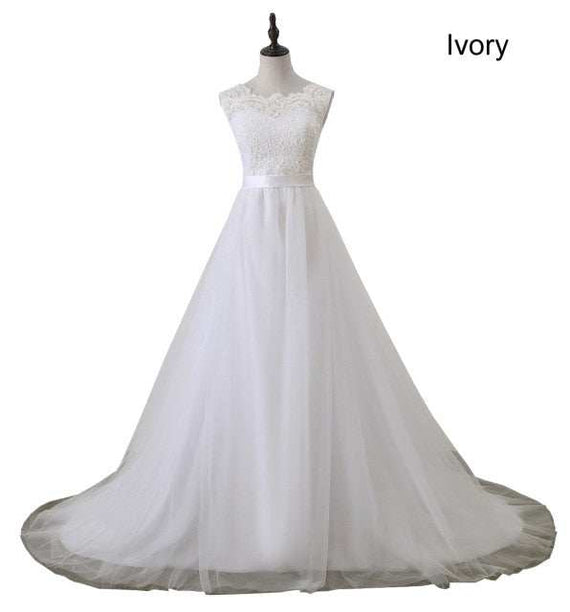 A Line Lace Beach Wedding Dress Scoop Neck White Bridal Gown