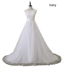 A Line Lace Beach Wedding Dress Scoop Neck White Bridal Gown