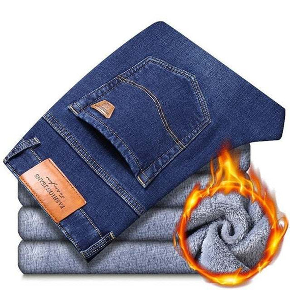 Men's Fashion Winter Jeans Black Color Slim Fit Stretch Thick Pants