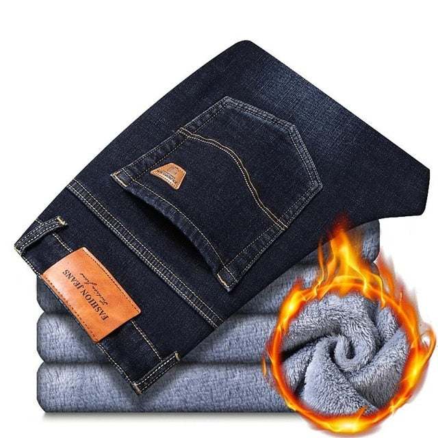Men's Fashion Winter Jeans Black Color Slim Fit Stretch Thick Pants - Acapparelstore