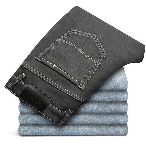Men's Fashion Winter Jeans Black Color Slim Fit Stretch Thick Pants