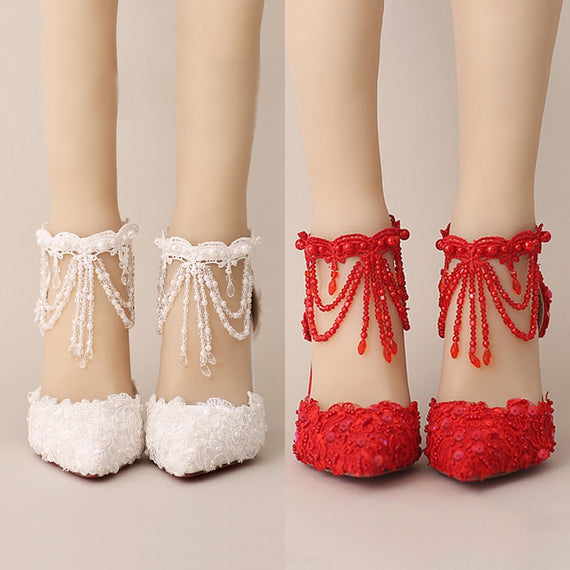White Pearl Lace Crystal Wedding Shoes Tassel Ankle Strap Pointed Toe Shoes