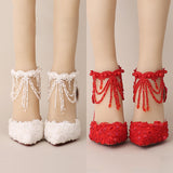 White Pearl Lace Crystal Wedding Shoes Tassel Ankle Strap Pointed Toe Shoes