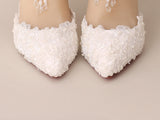 White Pearl Lace Crystal Wedding Shoes Tassel Ankle Strap Pointed Toe Shoes