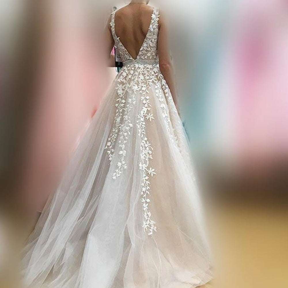 Beautiful Prom Wedding Dresses Long A-line V neck Applique Prom Dress