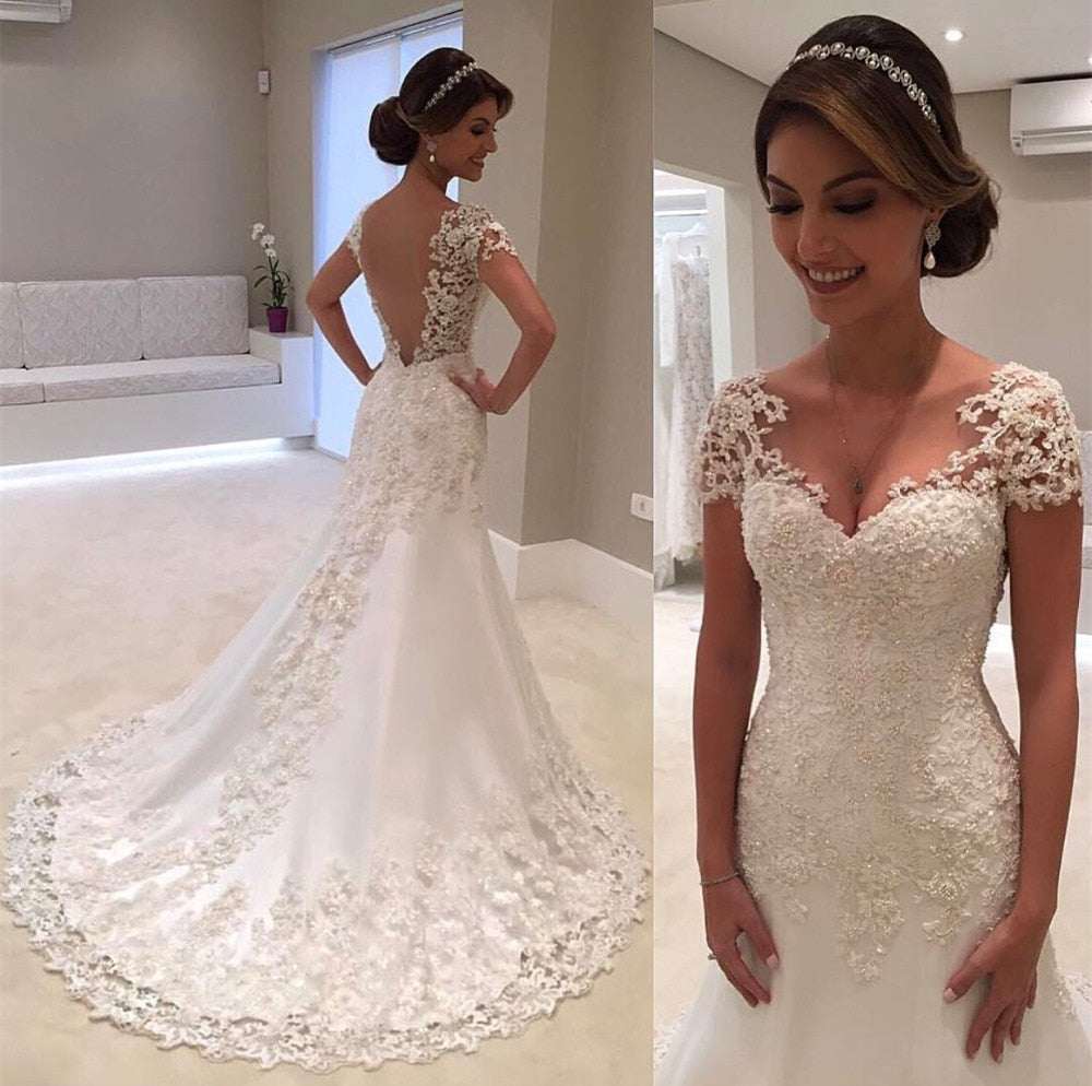 New Illusion Vestido De Noiva White Backless Lace Mermaid Wedding Dress - Acapparelstore