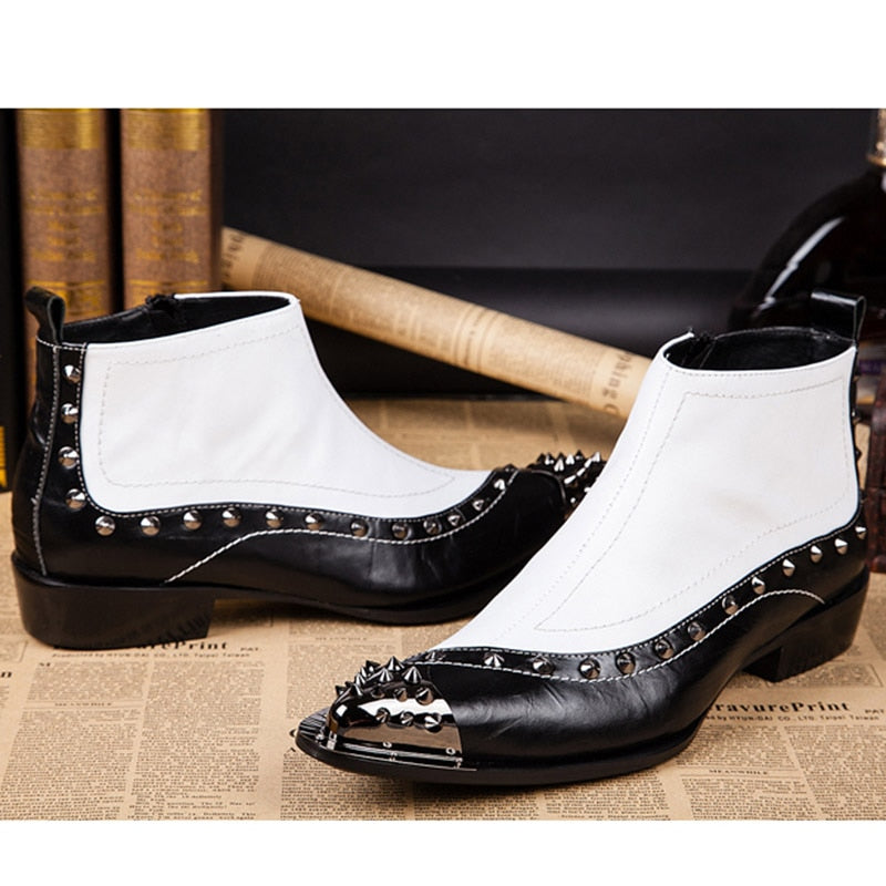 Western Rock Men's Black white Ankle Boots Italy Type Shoes - Acapparelstore