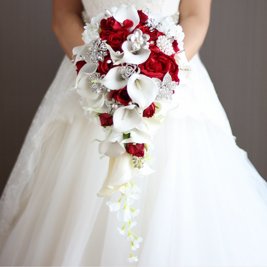 Waterfall Red Bridal Artificial Pearls Crystal Wedding Bouquets