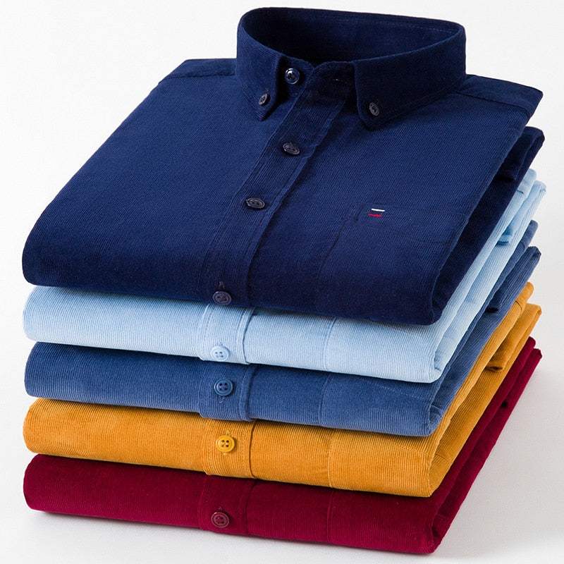 Men's 100% Corduroy Cotton Shirt Casual Long Sleeve Business Dress Shirts - Acapparelstore