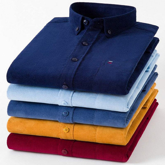 Men's 100% Corduroy Cotton Shirt Casual Long Sleeve Business Dress Shirts
