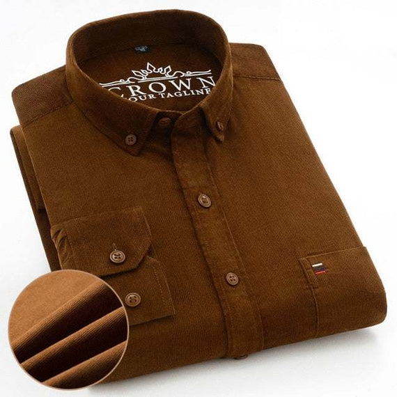 Men's 100% Corduroy Cotton Shirt Casual Long Sleeve Business Dress Shirts
