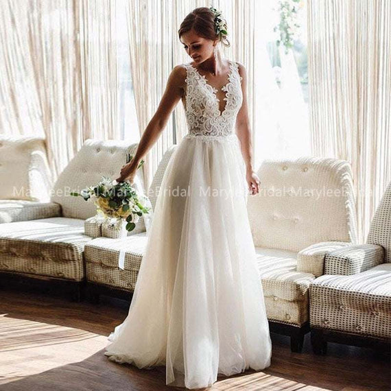 A-Line Beach Wedding Dresses Summer Boho Bride Dress with Detachable Train