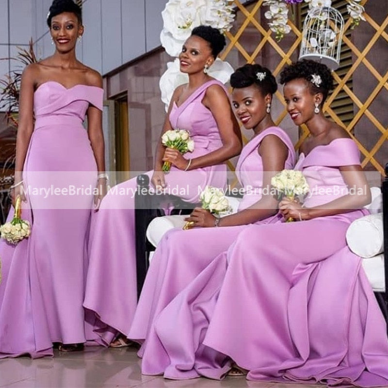 African Women Bridesmaid Dresses Lilac Satin Long One Shoulder Wedding Party Dress - Acapparelstore