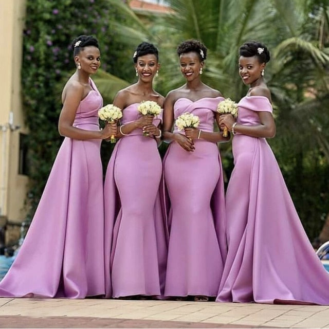 African Women Bridesmaid Dresses Lilac Satin Long One Shoulder Wedding Party Dress - Acapparelstore