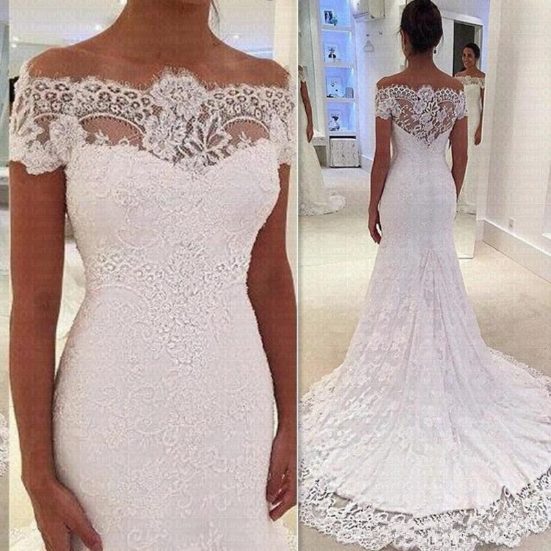 Luxury Full Lace Mermaid Wedding Dresses Sheer Off Shoulder Bridal Gowns Plus Size - Acapparelstore